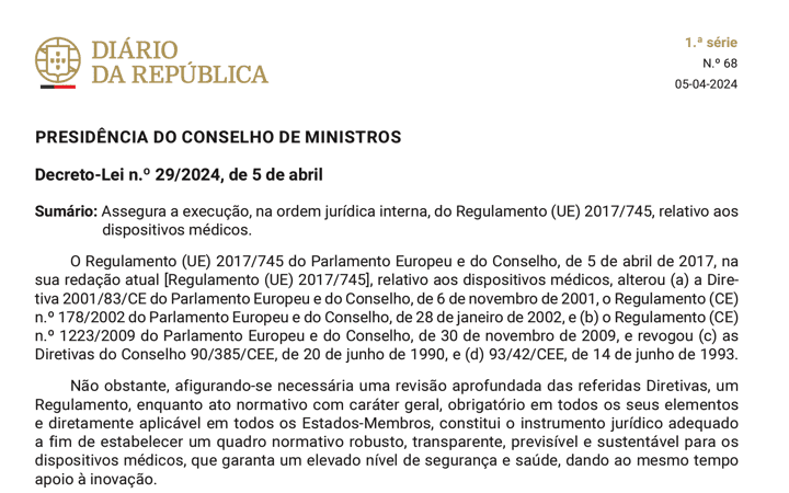 Publicado el Decreto-Lei 29/2024 que deroga la legislación previa e incluye en el orden jurídico de Portugal el reglamento MDR de productos sanitarios