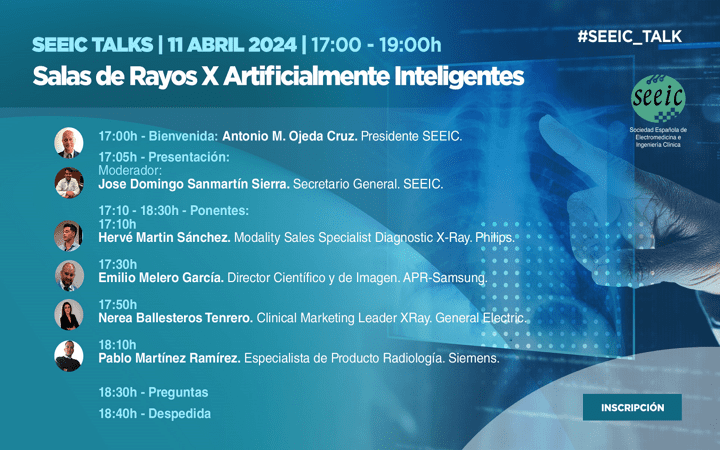 Interesante el nuevo #SEEIC_talk 11 Abr 2024 17h-19h ＂Salas de Rayos X Artificialmente Inteligentes＂ organizado por @JD_Sanmartin de la @SEEIC_Spain Sociedad Española de Electromedicina e Ingeniería Clínica